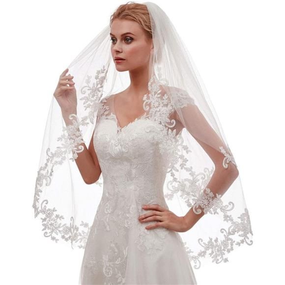EllieHouse Women\'s Short 2 Tier Lace Wedding Bridal Veil With Comb L24